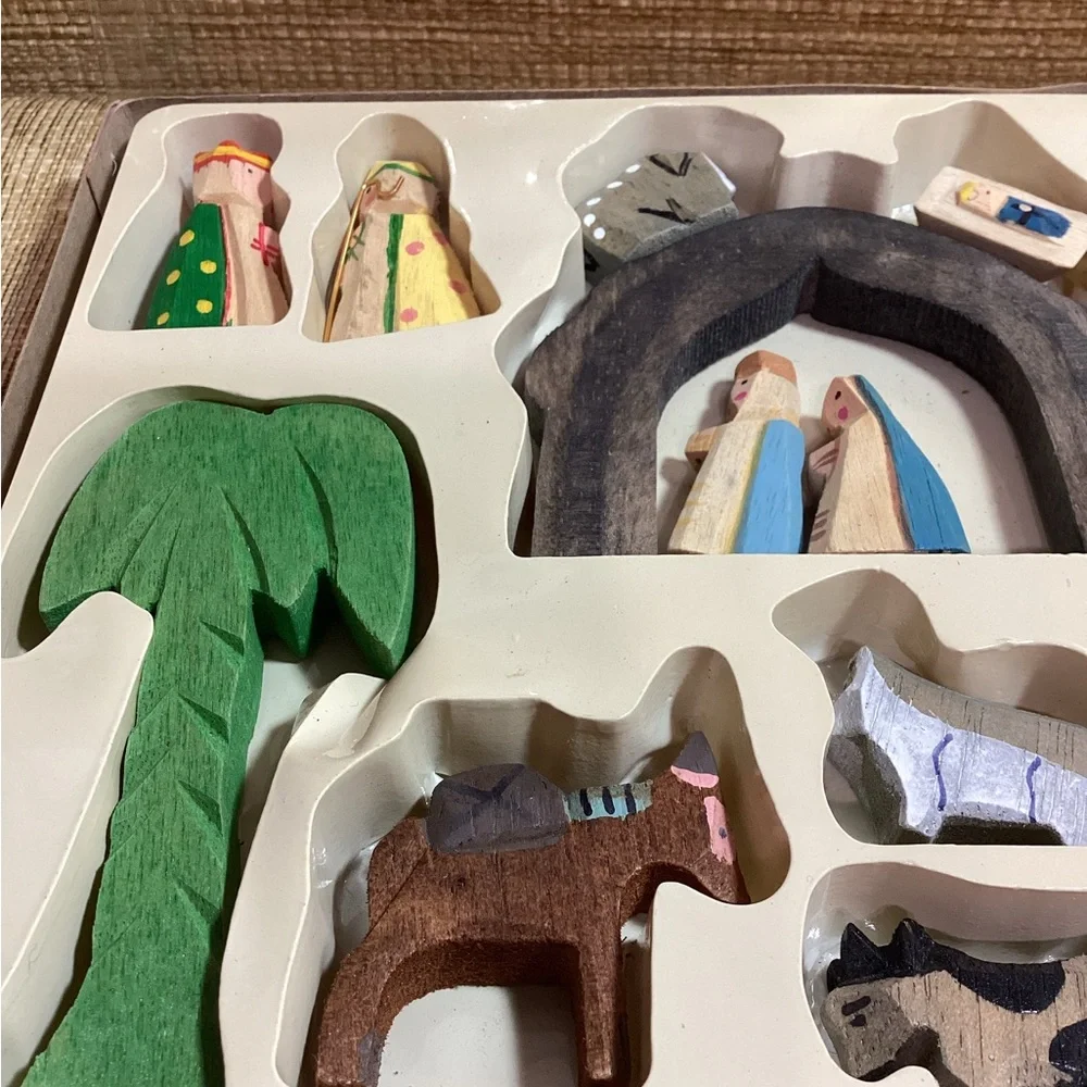 Hand-Painted and Carved Wooden Nativity Set - Multicolor